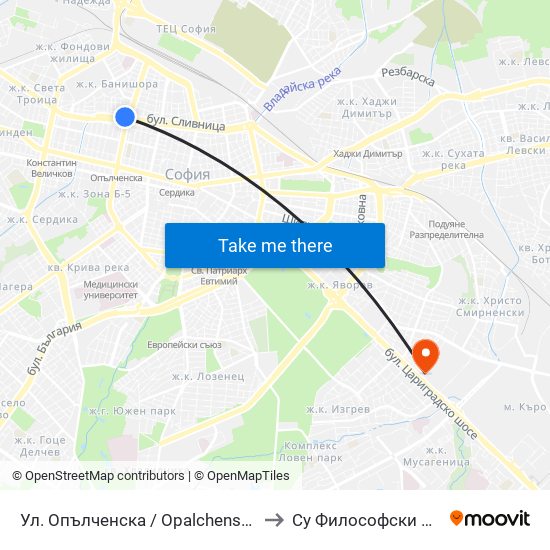 Ул. Опълченска / Opalchenska St. (2082) to Су Философски Факултет map