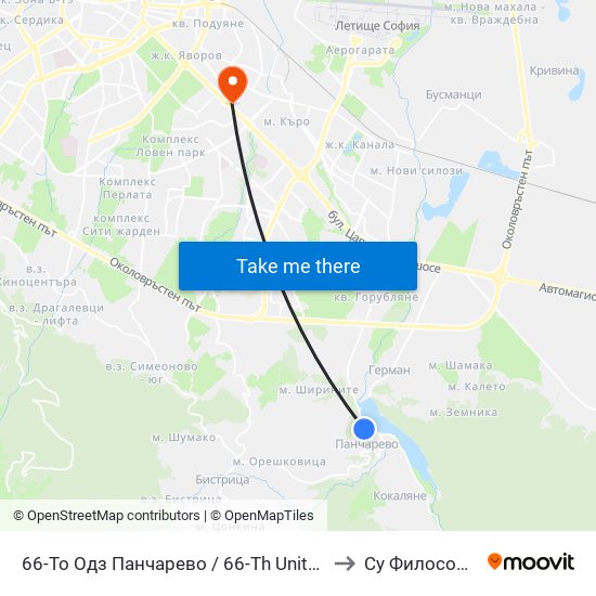 66-То Одз Панчарево / 66-Th United Kindergarten Pancharevo (2788) to Су Философски Факултет map