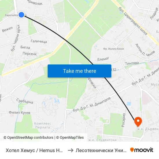 Ⓜ️ Хотел Хемус / Hemus Hotel (2329) to Лесотехнически Университет map