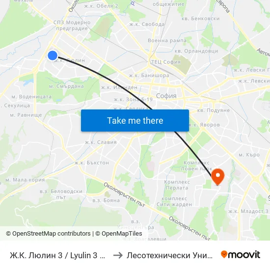 Ж.К. Люлин 3 / Lyulin 3 Qr. (0652) to Лесотехнически Университет map