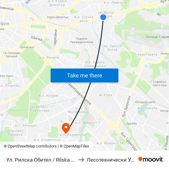 Ул. Рилска Обител / Rilska Obitel St. (2158) to Лесотехнически Университет map