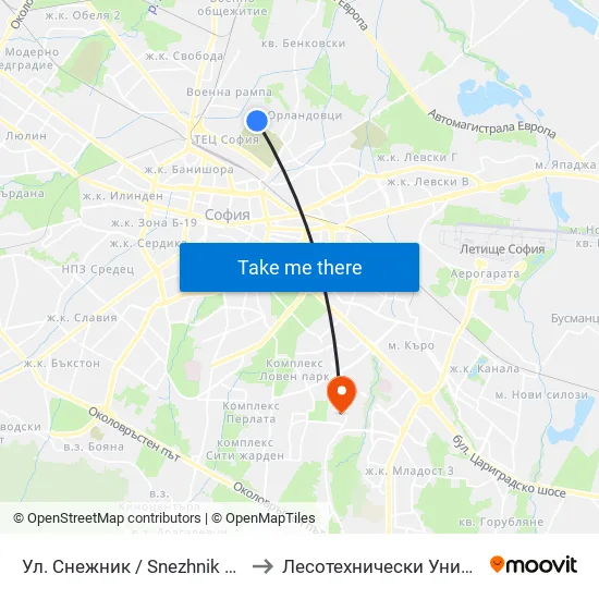 Ул. Снежник / Snezhnik St. (2176) to Лесотехнически Университет map
