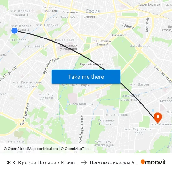 Ж.К. Красна Поляна / Krasna Polyana (0633) to Лесотехнически Университет map