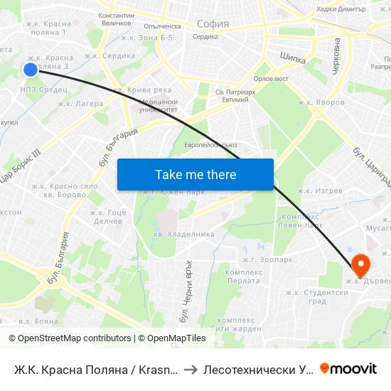 Ж.К. Красна Поляна / Krasna Polyana (0635) to Лесотехнически Университет map
