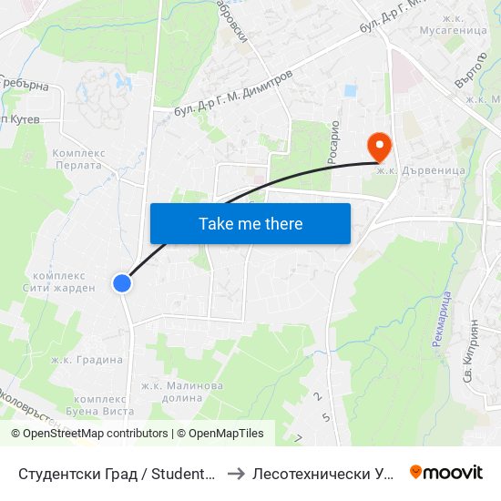 Студентски Град / Students' Town (2381) to Лесотехнически Университет map
