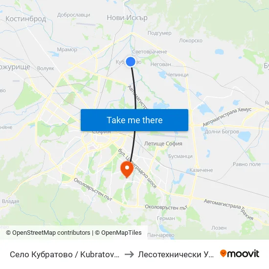 Село Кубратово / Kubratovo Village (1543) to Лесотехнически Университет map