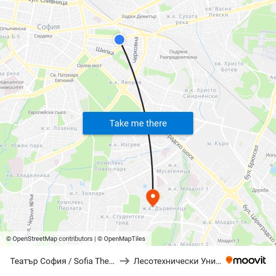 Театър София / Sofia Theatre (1724) to Лесотехнически Университет map