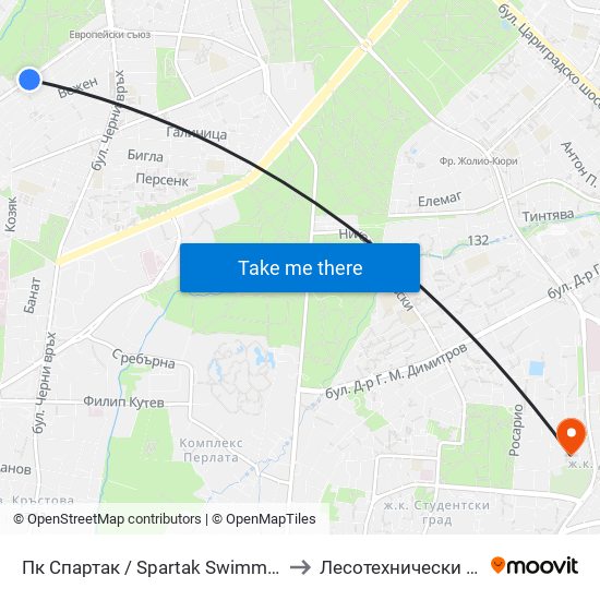 Пк Спартак / Spartak Swimming Complex (1345) to Лесотехнически Университет map