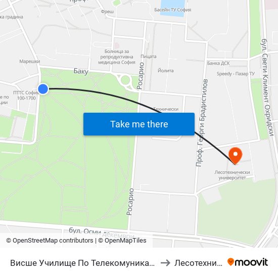 Висше Училище По Телекомуникации / University Of Telecommunications And Post (1397) to Лесотехнически Университет map