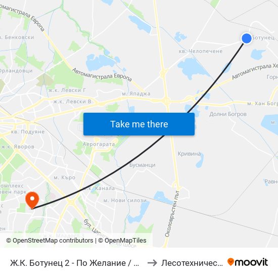 Ж.К. Ботунец 2 - По Желание / Botunets 2 Qr. - on Demand (0585) to Лесотехнически Университет map