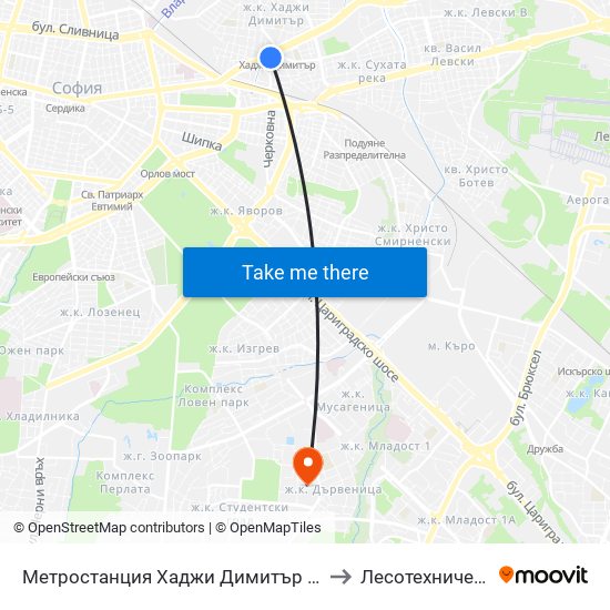 Метростанция Хаджи Димитър / Hadzhi Dimitar Metro Station (0303) to Лесотехнически Университет map