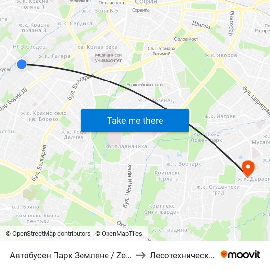 Автобусен Парк Земляне / Zemlyane Bus Depot (0080) to Лесотехнически Университет map