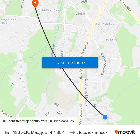 Бл. 480 Ж.К. Младост 4 / Bl. 480, Mladost 4 Qr. (2394) to Лесотехнически Университет map