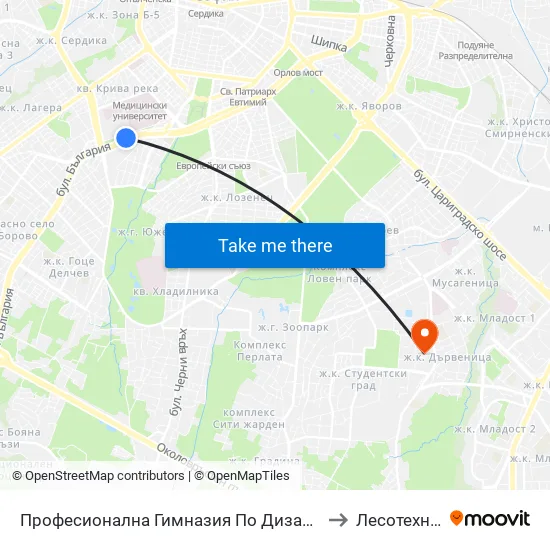 Професионална Гимназия По Дизайн Елисавета Вазова / Elisaveta Vazova High School Of Design (1739) to Лесотехнически Университет map