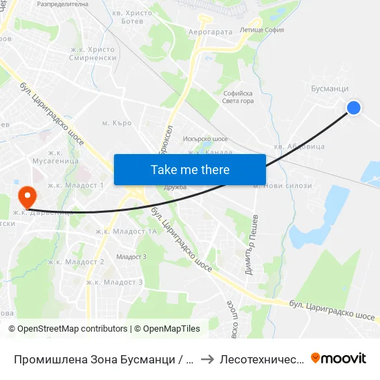 Промишлена Зона Бусманци / Industrial Zone Busmantsi (1640) to Лесотехнически Университет map