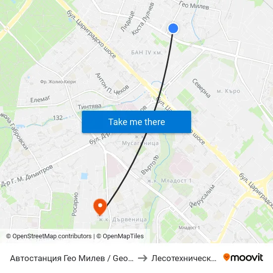 🚌🎓 Автостанция Гео Милев / Geo Milev Bus Station (0053) to Лесотехнически Университет map