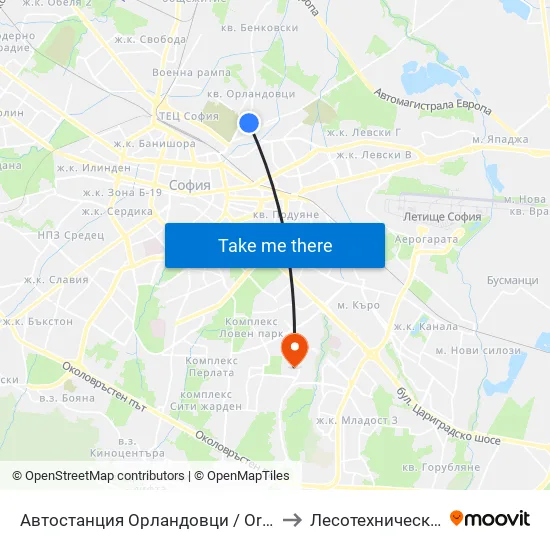 🚌 Автостанция Орландовци / Orlandovtsi Bus Station (0063) to Лесотехнически Университет map