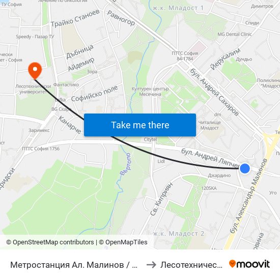 Метростанция Ал. Малинов / Al. Malinov Metro Station (0234) to Лесотехнически Университет map