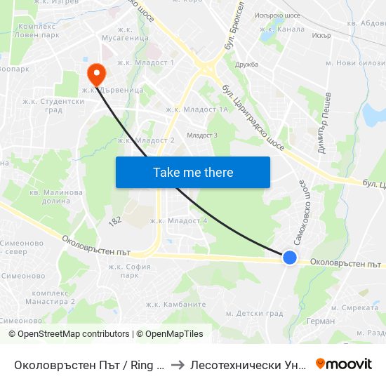 Околовръстен Път / Ring Road (1174) to Лесотехнически Университет map