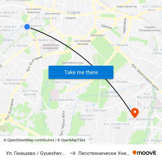 Ул. Гюешево / Gyueshevo St. (1157) to Лесотехнически Университет map