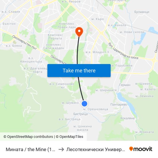 Мината / the Mine (1067) to Лесотехнически Университет map