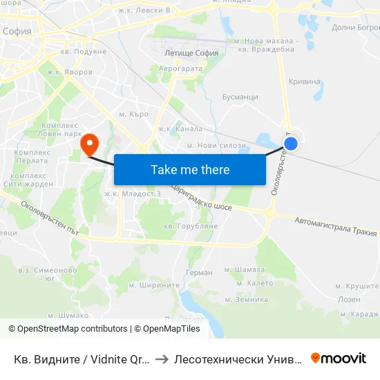 Кв. Видните / Vidnite Qr. (0820) to Лесотехнически Университет map