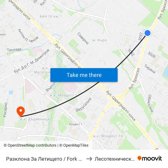 Разклона За Летището / Fork Road To Sofia Airport (1455) to Лесотехнически Университет map