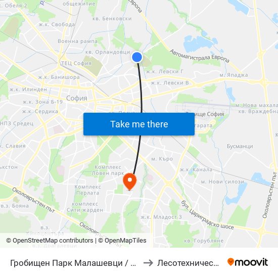 Гробищен Парк Малашевци / Malashevtsi Cemetery (1147) to Лесотехнически Университет map