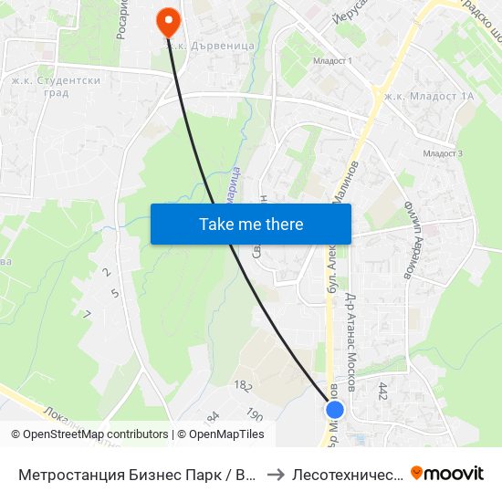 Метростанция Бизнес Парк / Business Park Metro Station (2491) to Лесотехнически Университет map