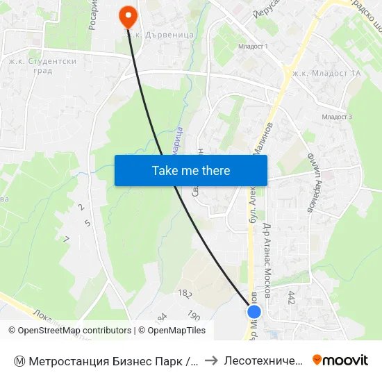 Ⓜ️ Метростанция Бизнес Парк / Business Park Metro Station (2491) to Лесотехнически Университет map