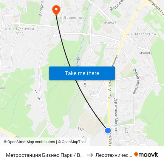 Метростанция Бизнес Парк / Business Park Metro Station (2490) to Лесотехнически Университет map