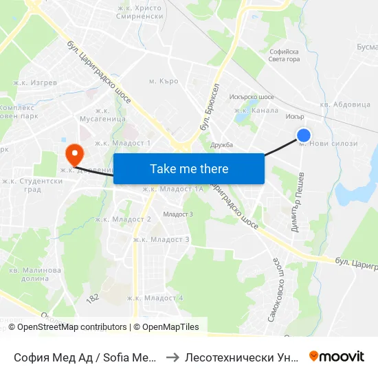 София Мед Ад / Sofia Med Jsc (1594) to Лесотехнически Университет map