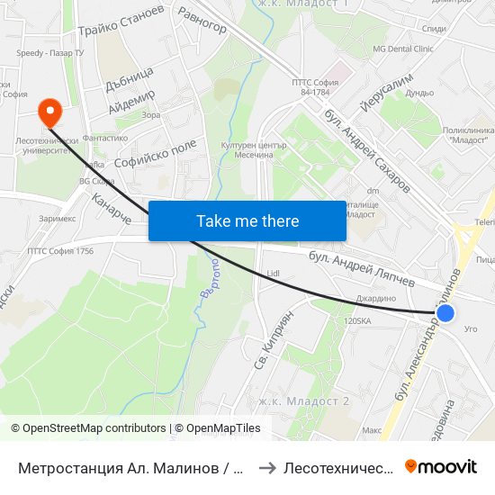 Метростанция Ал. Малинов / Al. Malinov Metro Station (0170) to Лесотехнически Университет map