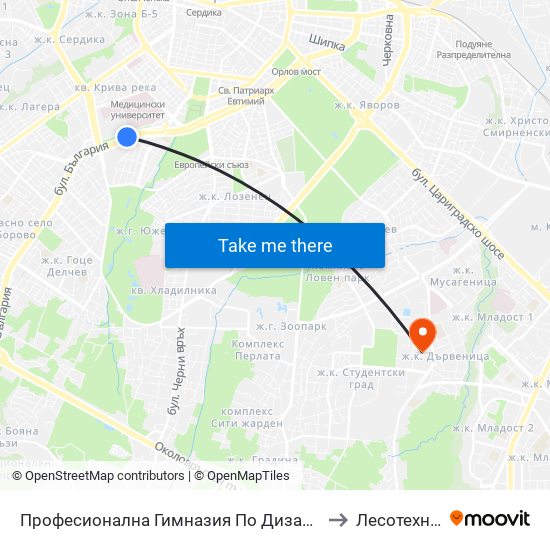 Професионална Гимназия По Дизайн Елисавета Вазова / Elisaveta Vazova High School Of Design (1737) to Лесотехнически Университет map