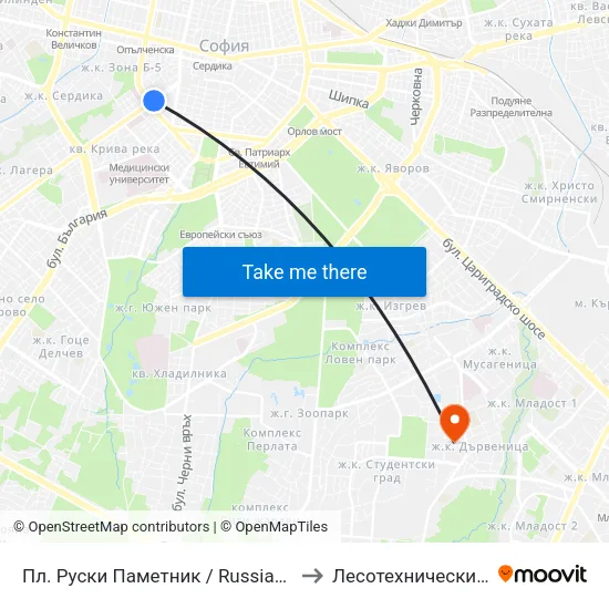 Пл. Руски Паметник / Russian Monument Sq. (1298) to Лесотехнически Университет map