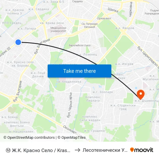 Ⓜ️ Ж.К. Красно Село / Krasno Selo Qr. (0639) to Лесотехнически Университет map