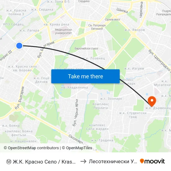 Ⓜ️ Ж.К. Красно Село / Krasno Selo Qr. (0640) to Лесотехнически Университет map
