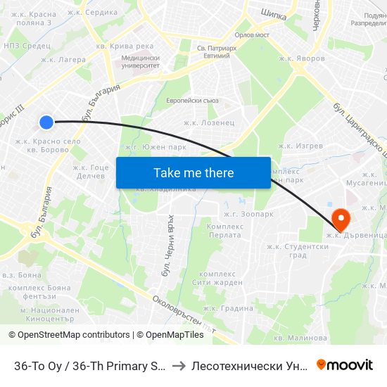 36-То Оу / 36-Th Primary School (0032) to Лесотехнически Университет map