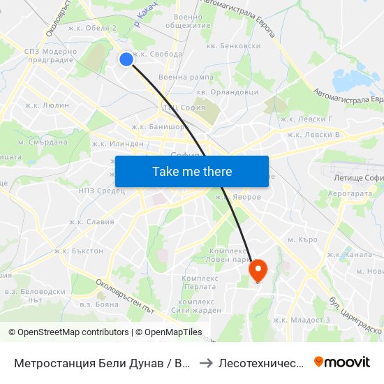 Метростанция Бели Дунав / Beli Dunav Metro Station (6707) to Лесотехнически Университет map