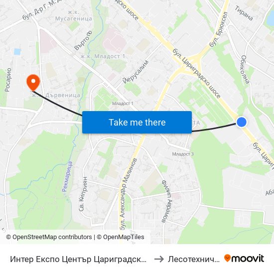 Интер Експо Център Цариградско Шосе / Inter Expo Center – Tsarigradsko Shose to Лесотехнически Университет map