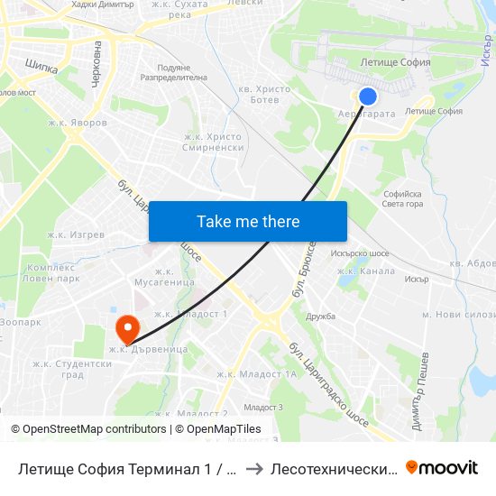 Летище София Терминал 1 / Sofia Airport Terminal 1 to Лесотехнически Университет map