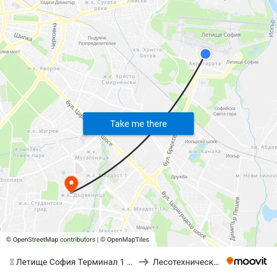 ✈️ Летище София Терминал 1 / Sofia Airport Terminal 1 to Лесотехнически Университет map