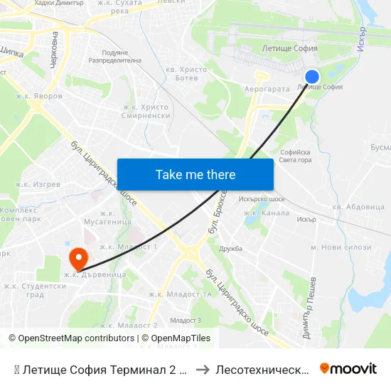 ✈️ Летище София Терминал 2 / Sofia Airport Terminal 2 to Лесотехнически Университет map