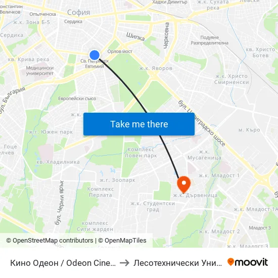 Ⓜ️ Кино Одеон / Odeon Cinema (0926) to Лесотехнически Университет map