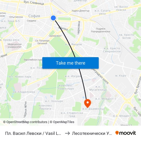 Пл. Васил Левски / Vasil Levski Sq. (1241) to Лесотехнически Университет map