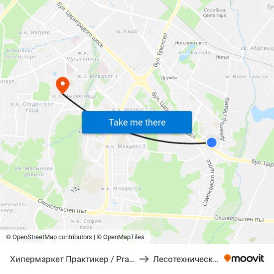 Хипермаркет Практикер / Praktiker Hypermarket (2409) to Лесотехнически Университет map