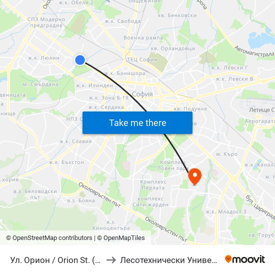 Ул. Орион / Orion St. (2093) to Лесотехнически Университет map