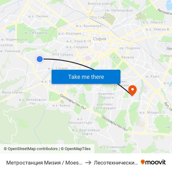 Метростанция Мизия / Moesia Metro Station (6089) to Лесотехнически Университет map