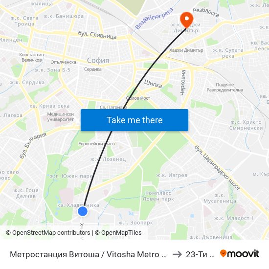 Метростанция Витоша / Vitosha Metro Station (2654) to 23-Ти Дкц map