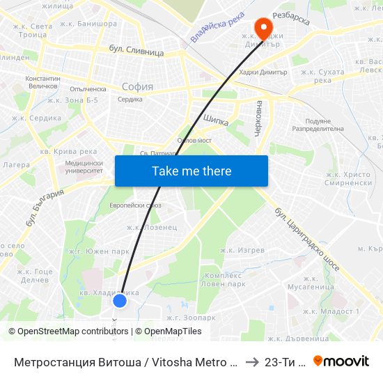 Метростанция Витоша / Vitosha Metro Station (0909) to 23-Ти Дкц map